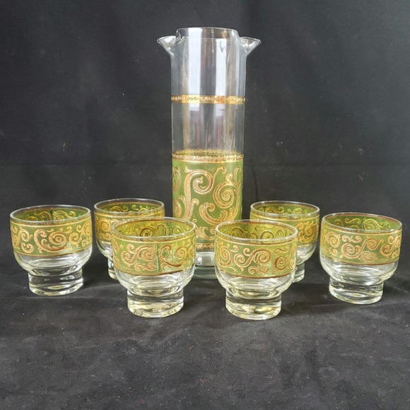 Vintage Culver Signed 24K Gold Green Toledo Cocktail Martini Pitcher & 6 Glasses - Picture 12 of 15